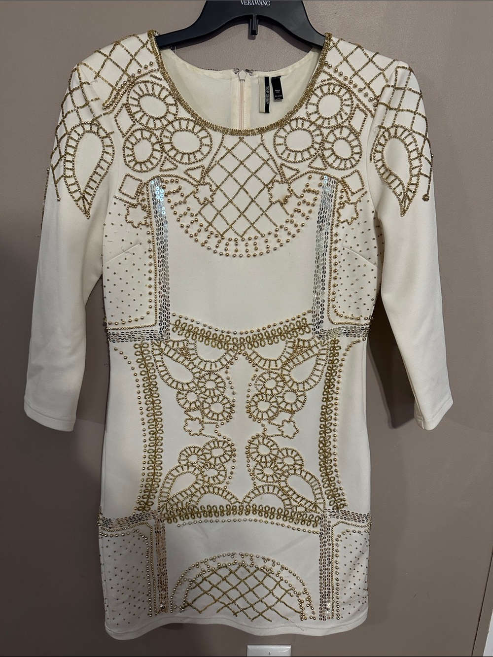 Ivory Long-Sleeve Embellished Bodycon Dress with Gold Beading